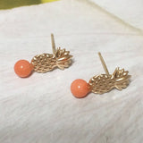 Unique Hawaiian Genuine Pink Coral Pineapple Earring, 14KT Solid Yellow-Gold Pink Coral Pineapple Stud Earring E5510 Valentine Birthday Gift