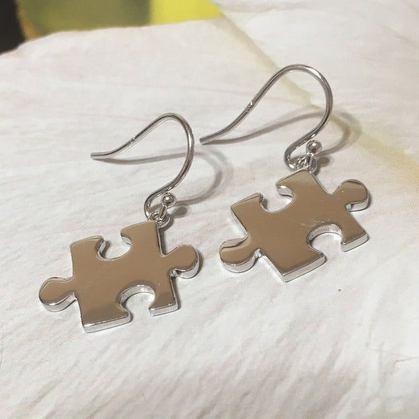 Unique Hawaiian Large Jigsaw Puzzle Piece Earring, Sterling Silver Puzzle Piece Dangle Earring, Autism Awareness Sign, E2360 Mom Wife Gift