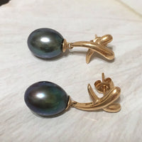 Unique Stunning Hawaiian Genuine Black Pearl Earring, 14KT Solid Yellow-Gold Black Pearl Dangle Earring E5540 Birthday Gift, Statement PC