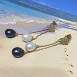 Stunning Hawaiian Large Genuine Black & White Pearl Earring, 14KT Solid Yellow-Gold Diamond Star 2 Pearl Dangle Earring, E5547 Birthday Gift
