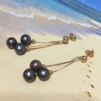 Unique Hawaiian Genuine 3 Black Pearl Earring, 14KT Solid Yellow-Gold 3 Black Pearl Dangle Earring, E5551 Birthday Mom Valentine Gift