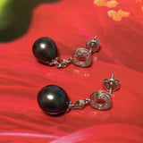Stunning Hawaiian Genuine Black Pearl Earring, 14KT Solid White-Gold Black Pearl Diamond Dangle Earring, E5554 Birthday Gift, Statement PC