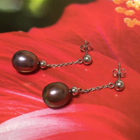 Unique Hawaiian Genuine Black Pearl Earring, 14KT Solid White-Gold Black Pearl Dangle Earring, E5567 Valentine Birthday Mom Wife Gift