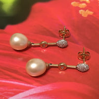 Unique Beautiful Hawaiian Genuine Diamond White Pearl Earring, 14KT Solid Yellow-Gold White Pearl Diamond Dangle Earring, E5577 Mom Gift