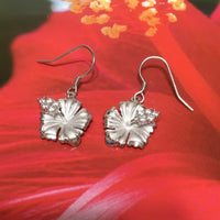 Beautiful Hawaiian Hibiscus Earring, Official Hawaii State Flower, Sterling Silver Hibiscus CZ Dangle Earring, E4124 Birthday Wife Mom Gift
