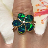Gorgeous Hawaiian Genuine Diamond Opal Plumeria Ring, 14KT Solid Yellow-Gold Opal Plumeria Diamond Ring, R1301 Birthday Gift, Statement PC