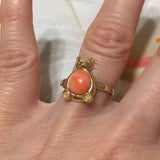 Unique Hawaiian Genuine Pink Coral Bear Ring, 14KT Solid Yellow-Gold Pink Coral Oval-Shape Bear Ring, R1349 Statement PC, Birthday Mom Gift