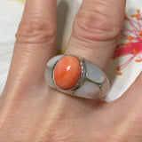 Stunning Unique Hawaiian Large Genuine Pink Coral Ring, 14KT Solid White-Gold Pink Coral White Mother of Pearl Ring, R1358 Statement PC
