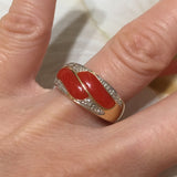Unique Hawaiian Genuine Red Coral Diamond Ring, 14KT Solid Yellow-Gold 2 Red Coral Ocean Wave Diamond Ring R1403 Statement PC, Birthday Gift