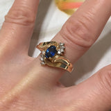 Beautiful Hawaiian Genuine Blue Sapphire Diamond Ring, 14KT Solid Yellow-Gold Blue Sapphire Diamond Ring, R1448 Birthday Gift, Statement PC