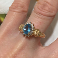 Stunning Hawaiian Genuine Blue Topaz Diamond Ring, 14KT Solid Yellow-Gold Blue Topaz Diamond Ring, R1460 Birthday Mom Gift, Statement PC