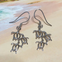 Unique Hawaiian Large Mom & 2 Baby Sea Turtle Earring, Sterling Silver 3 Turtle Family Dangle Earring, E4151A Birthday Wife Mom Gift