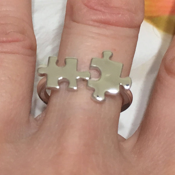 Unique Hawaiian Jigsaw Puzzle Piece Ring, Sterling Silver Puzzle Piece Adjustable Ring, Autism Awareness Sign, R2359 Birthday Mom Wife Gift