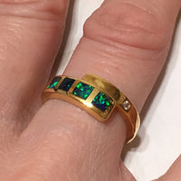 Stunning Hawaiian Opal Ring, Sterling Silver Yellow-Gold Plated Opal Inlay CZ Ring,  R1025 Birthday Mom Wife Valentine Gift, Island Jewelry