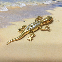 Unique Hawaiian Large Gecko Necklace, Sterling Silver Yellow-Gold Plated Gecko CZ Pendant, N2585 Birthday Mom Wife Valentine Gift