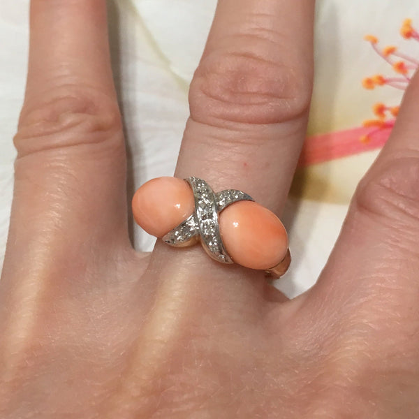 Unique Hawaiian Genuine Pink Coral Diamond Ring, 14KT Solid Yellow-Gold Pink Coral Diamond Ring, R1353 Statement PC, Birthday Mom Gift