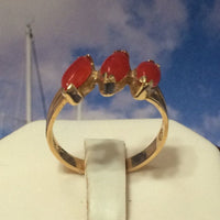 Unique Hawaiian Genuine Red Coral Ring, 14KT Solid Yellow-Gold 3 Red Coral Marquise-Shape Ring, R1362 Statement PC, Birthday Mom Wife Gift