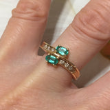 Elegant Hawaiian Genuine Green Emerald Diamond Ring, 14KT Solid Yellow-Gold 2 Emerald Oval-Cut Diamond Ring, R1440 Statement PC