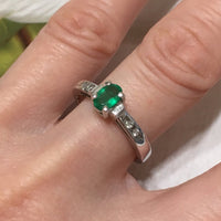 Gorgeous Hawaiian Genuine Green Emerald Diamond Ring, 14KT Solid White-Gold Emerald Oval-Cut Diamond Ring, R1442 Birthday Gift, Statement PC