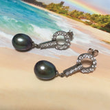 Unique Beautiful Hawaiian Genuine Black Pearl Earring, Sterling Silver Black Pearl CZ Post Dangle Earring E4337 Birthday Gift, Statement PC