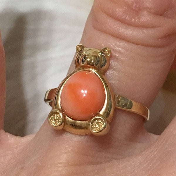 Unique Hawaiian Genuine Pink Coral Bear Ring, 14KT Solid Yellow-Gold Pink Coral Oval-Shape Bear Ring, R1349 Statement PC, Birthday Mom Gift