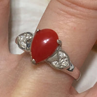 Unique Hawaiian Genuine Red Coral Diamond Ring, 14KT Solid White-Gold Red Coral Pear-Shape Diamond Ring, R1410 Statement PC, Birthday Gift