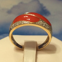 Unique Hawaiian Genuine Red Coral Diamond Ring, 14KT Solid Yellow-Gold 2 Red Coral Ocean Wave Diamond Ring R1403 Statement PC, Birthday Gift