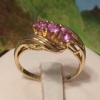 Beautiful Hawaiian Genuine Pink Sapphire Ring, 14KT Solid Yellow-Gold 3 Pink Sapphire Ring, R1416 Statement PC, Birthday Mom Valentine Gift