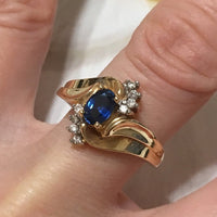 Beautiful Hawaiian Genuine Blue Sapphire Diamond Ring, 14KT Solid Yellow-Gold Blue Sapphire Diamond Ring, R1448 Birthday Gift, Statement PC