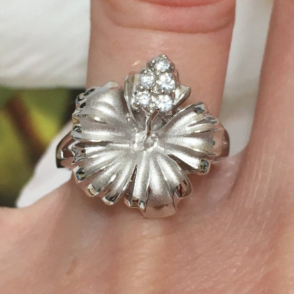 Beautiful Hawaiian Large Hibiscus Ring, Official Hawaii State Flower, Sterling Silver Hibiscus CZ Ring, R1053 Birthday Mom Valentine Gift