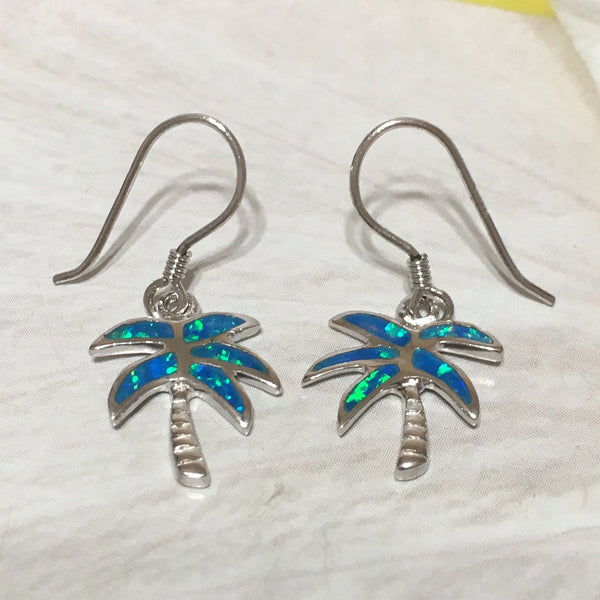 Beautiful Hawaiian Blue Opal Palm Tree Earring, Sterling Silver Blue Opal Palm Tree Dangle Earring, E4050 Birthday Mom Valentine Gift