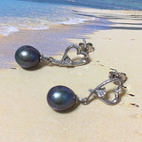 Unique Hawaiian Genuine Black Pearl Earring, Sterling Silver Black Pearl Heart CZ Post Dangle Earring, E4335 Birthday Mom Valentine Gift
