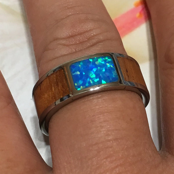 Unique Hawaiian Genuine KOA Wood Blue Opal Titanium Ring, Blue Opal KOA Wood Titanium Band Ring, R1201 Birthday Valentine Gift