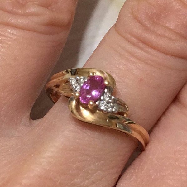 Beautiful Hawaiian Genuine Pink Sapphire Diamond Ring, 14KT Solid Yellow-Gold Pink Sapphire Oval-Cut Diamond Ring, R1417 Birthday Mom Gift
