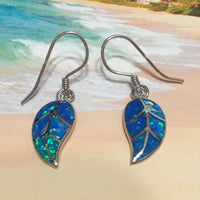 Unique Hawaiian Blue Opal Maile Leaf Earring, Sterling Silver Blue Opal Maile Leaf Dangle Earring, E4199 Birthday Mom Wife Valentine Gift