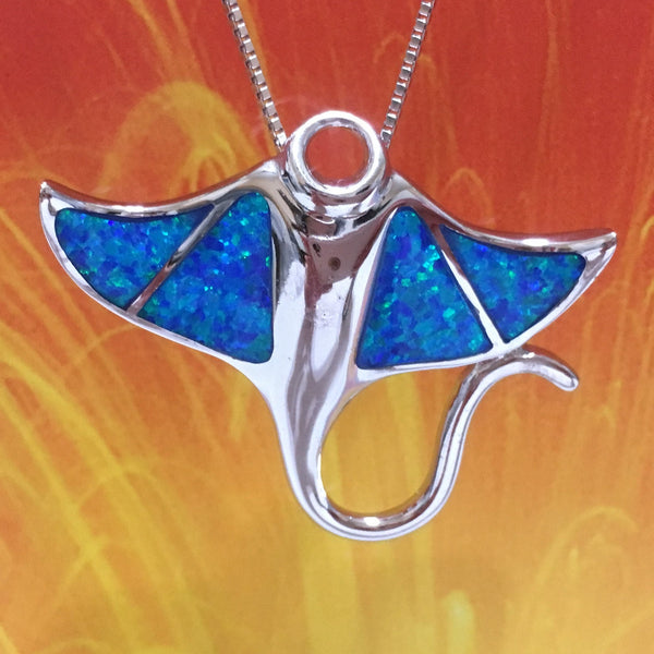 Unique Gorgeous Hawaiian Large Blue Opal Manta Ray Necklace, Sterling Silver Opal Manta Ray Pendant, N2162B Birthday Mom Gift, Statement PC