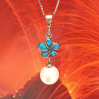 Unique Beautiful Hawaiian White Shell Pearl Plumeria Necklace, Sterling Silver White Shell Pearl Blue Opal Plumeria Pendant N2921 Mom Gift