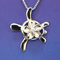 Unique Mother Daughter Matching Hawaiian Sea Turtle Necklace, Sterling Silver Turtle Plumeria CZ Pendant, N7022 Big Little Sister
