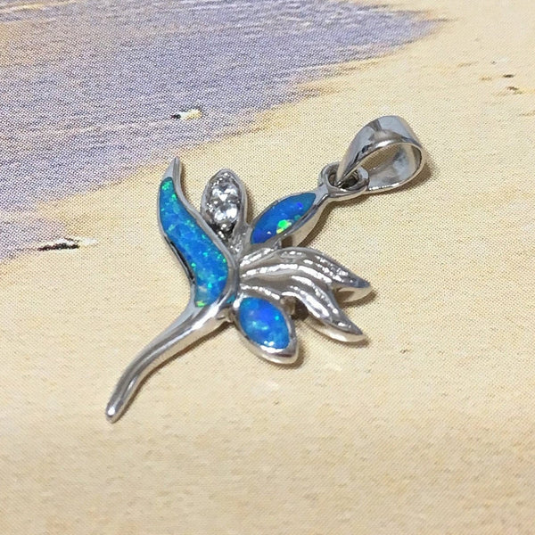 Pretty Hawaiian Blue Opal Bird of Paradise Necklace, Sterling Silver Opal Bird of Paradise CZ Pendant, N2246 Birthday Anniversary Mom Gift