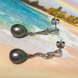Unique Beautiful Hawaiian Genuine Black Pearl Earring, Sterling Silver Black Pearl CZ Post Dangle Earring, E4338 Birthday Mom Valentine Gift
