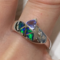 Unique Hawaiian Genuine Tanzanite Opal Diamond Ring, 14KT Solid White-Gold Tanzanite Australian Opal Diamond Ring, R1537 Statement PC