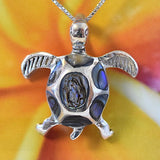 Unique Hawaiian Large Genuine Paua Shell Sea Turtle Necklace, Sterling Silver Abalone Mother of Pearl Turtle Pendant, N6069 Birthday Gift