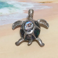 Unique Hawaiian Large Genuine Paua Shell Sea Turtle Necklace, Sterling Silver Abalone Mother of Pearl Turtle Pendant, N6069 Birthday Gift