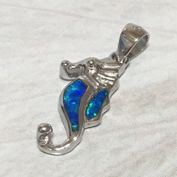 Pretty Small Hawaiian Blue Opal Seahorse Necklace, Sterling Silver Blue Opal Sea Horse Pendant, N2217 Birthday Gift, Island Jewelry