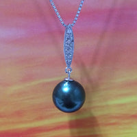 Unique Stunning Hawaiian Black Shell Pearl Necklace, Sterling Silver Black Shell Pearl CZ Pendant, N2917 Birthday Mom Wife Valentine Gift