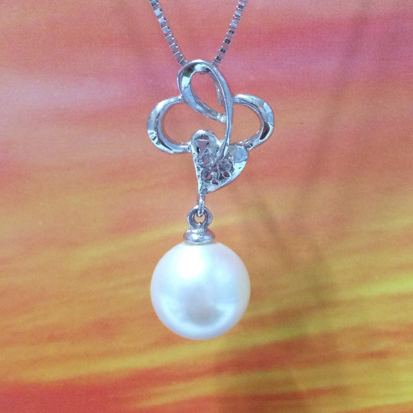 Elegant Hawaiian White Shell Pearl Necklace, Sterling Silver White Shell Pearl Heart CZ Pendant, N2924 Birthday Mom Valentine Gift