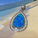Gorgeous Hawaiian X-Large Blue Opal Rain-Drop Necklace, Sterling Silver Blue Opal CZ Pendant, N2335 Birthday Mom Gift, Statement PC