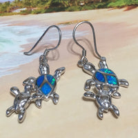 Gorgeous Hawaiian Large Mom & Baby Sea Turtle Earring, Sterling Silver Blue Opal Turtle Dangle Earring, E4152A Birthday Mom Valentine Gift