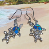 Gorgeous Hawaiian Large Mom & Baby Sea Turtle Earring, Sterling Silver Blue Opal Turtle Dangle Earring, E4152A Birthday Mom Valentine Gift