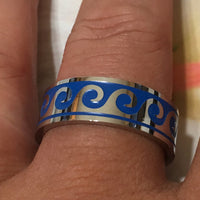 Beautiful Hawaiian Blue Ocean Wave Stainless Steel Ring, Blue Enamel R1132 Birthday Anniversary Valentine Mom Gift, Island Beach Jewelry